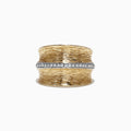 The DOro 14K Yellow Textured Gold Diamond Ring features a bark-like surface and a horizontal white gold band with sparkling diamonds, totaling 0.24 TCW—an elegant piece by Effy.