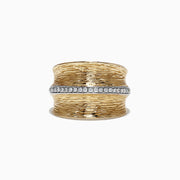 The DOro 14K Yellow Textured Gold Diamond Ring features a bark-like surface and a horizontal white gold band with sparkling diamonds, totaling 0.24 TCW—an elegant piece by Effy.