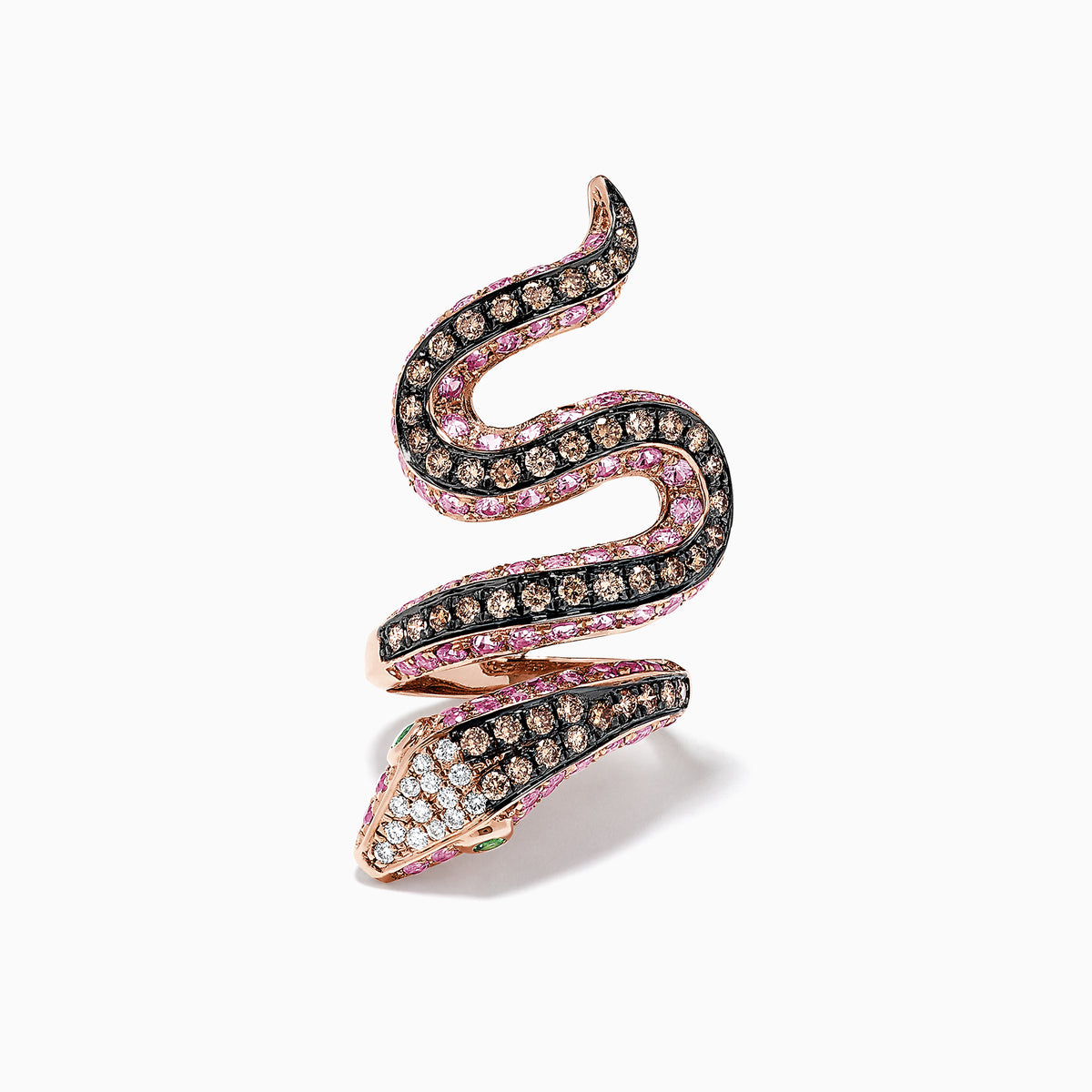 The Safari 14K Rose Gold Multi Gemstone and Diamond Snake Ring, 4.38 TCW, features a snake design with pink and white gemstones and a green gemstone eye, set against a white background.