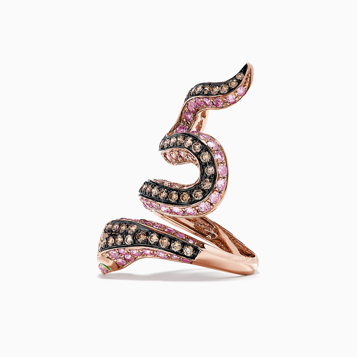 The Safari 14K Rose Gold Multi Gemstone and Diamond Snake Ring, 4.38 TCW, features a snake design with pink and white gemstones and a green gemstone eye, set against a white background.
