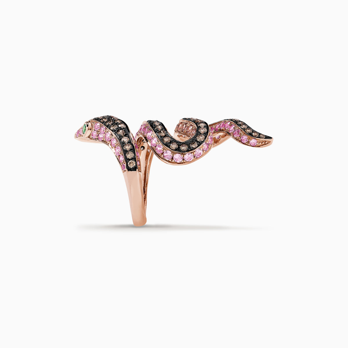 The Safari 14K Rose Gold Multi Gemstone and Diamond Snake Ring, 4.38 TCW, features a snake design with pink and white gemstones and a green gemstone eye, set against a white background.
