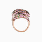 The Safari 14K Rose Gold Multi Gemstone and Diamond Snake Ring, 4.38 TCW, features a snake design with pink and white gemstones and a green gemstone eye, set against a white background.