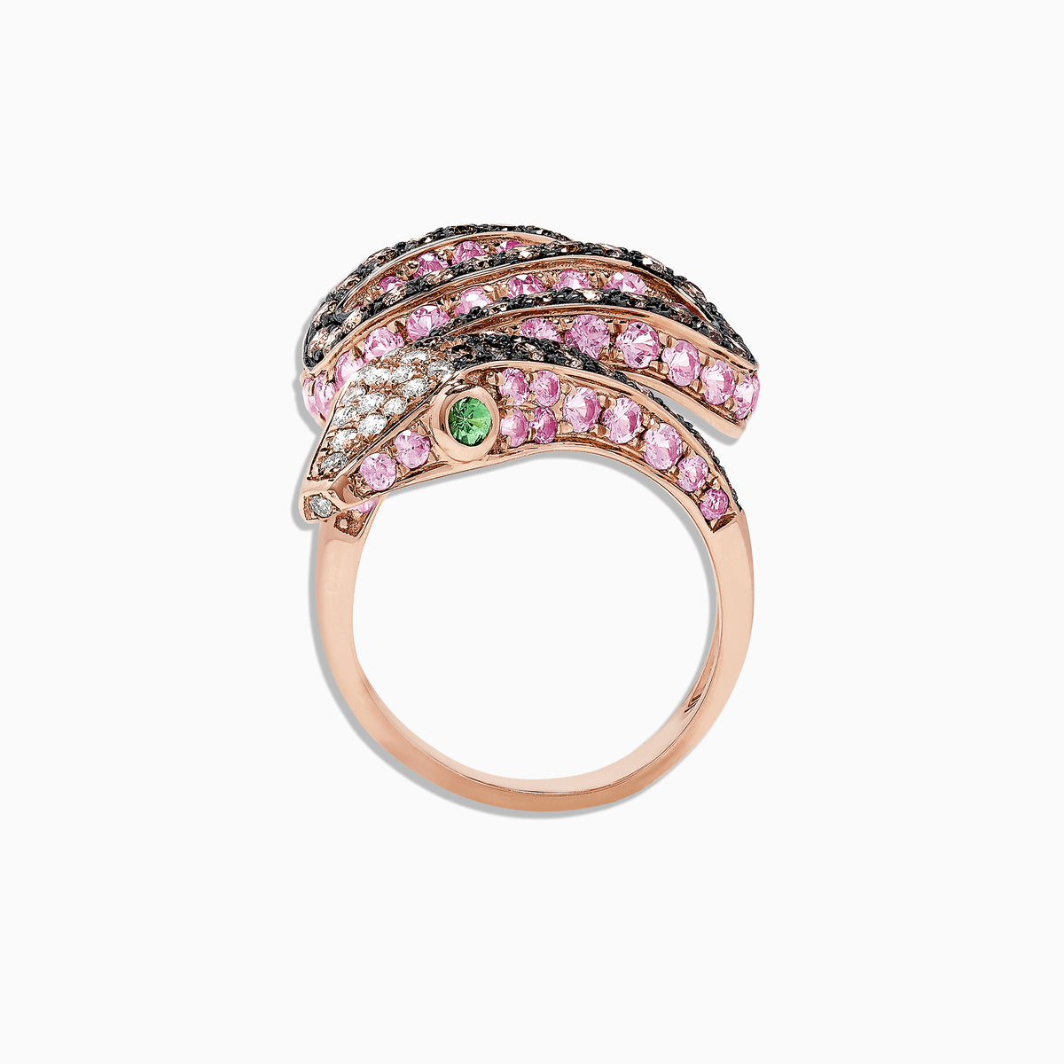 The Safari 14K Rose Gold Multi Gemstone and Diamond Snake Ring, 4.38 TCW, features a snake design with pink and white gemstones and a green gemstone eye, set against a white background.