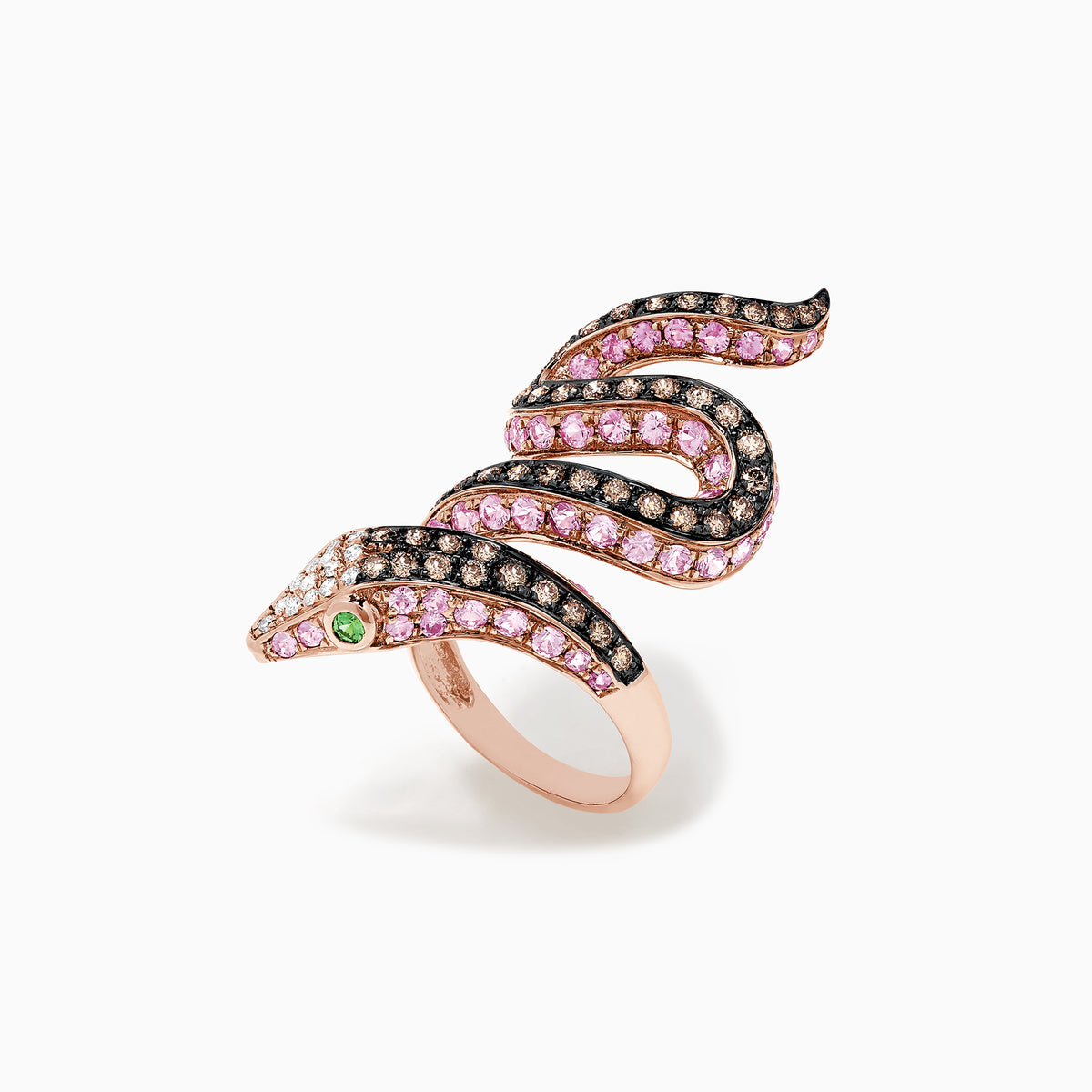 The Safari 14K Rose Gold Multi Gemstone and Diamond Snake Ring, 4.38 TCW, features a snake design with pink and white gemstones and a green gemstone eye, set against a white background.