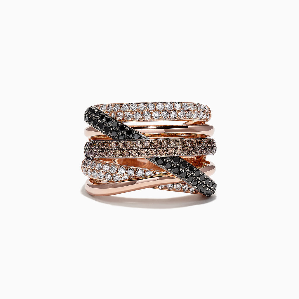 The 14K Rose Gold Black, Brown and White Diamond Ring, 1.47 TCW, features multiple overlapping bands with rows of sparkling diamonds in a stunning crisscross design—an elegant Espresso Effy piece on a plain white background.