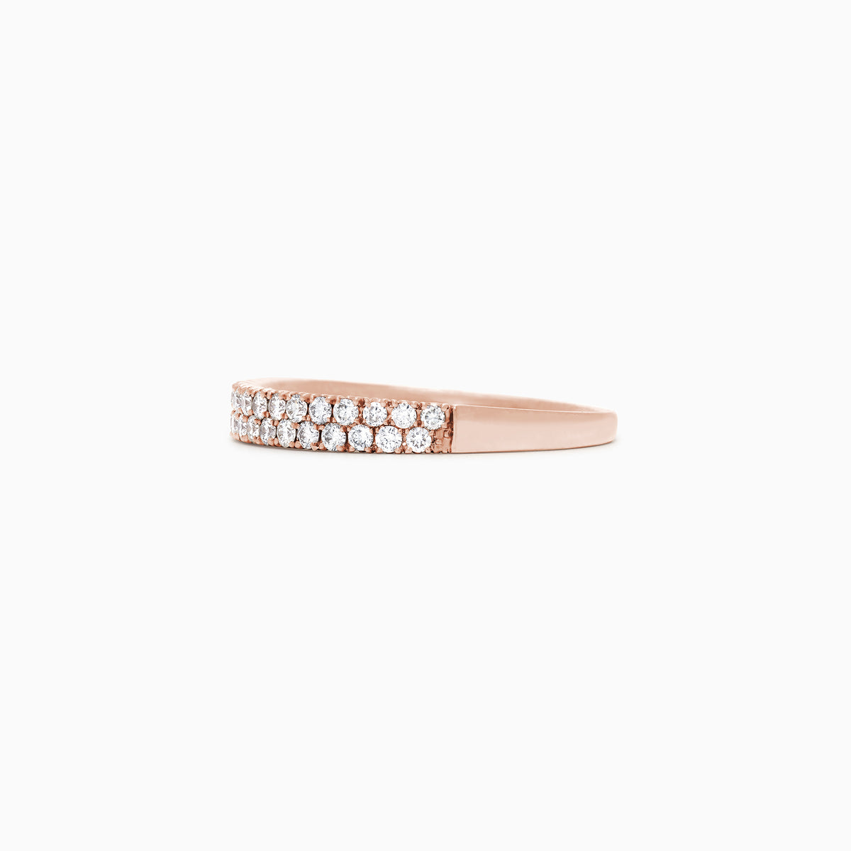 The Pave Rose 14K Rose Gold Two Row Pave Diamond Band, 0.37 TCW, showcases two rows of closely set round white diamonds in a 14K rose gold band, shown against a plain white background.