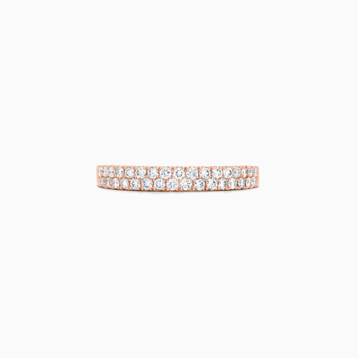 The Pave Rose 14K Rose Gold Two Row Pave Diamond Band, 0.37 TCW, showcases two rows of closely set round white diamonds in a 14K rose gold band, shown against a plain white background.