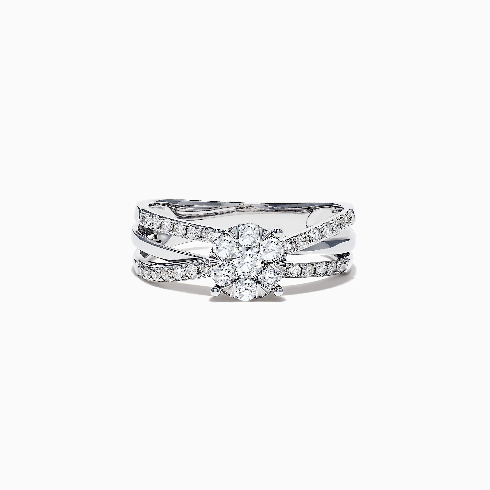 The Bouquet 14K White Gold Diamond Crossover Cluster Ring, 0.39 TCW, features a round center stone, split shank design, and sparkling diamond accents on a crossover cluster band.