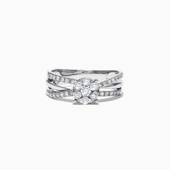 The Bouquet 14K White Gold Diamond Crossover Cluster Ring, 0.39 TCW, features a round center stone, split shank design, and sparkling diamond accents on a crossover cluster band.