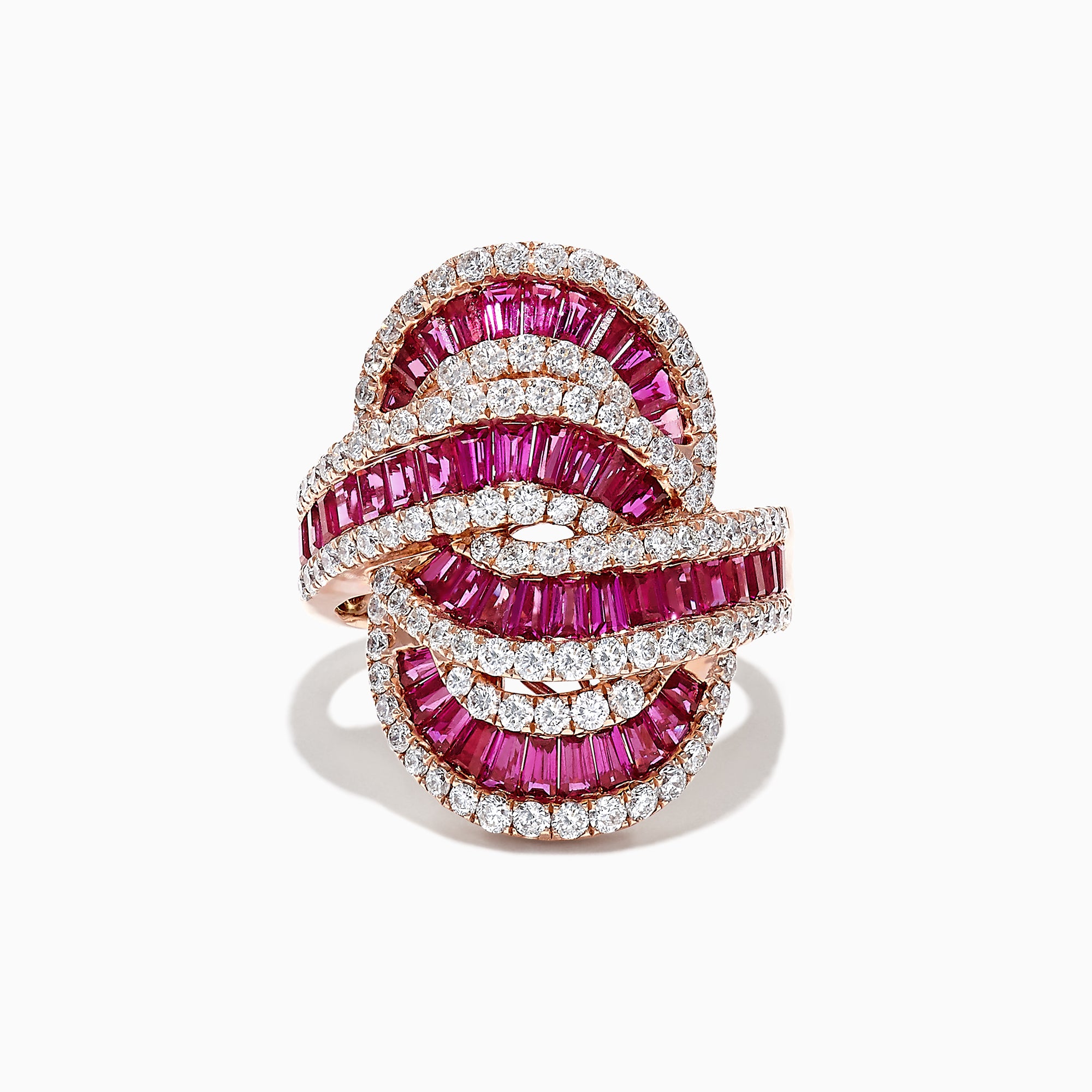 The Ruby Royale 14K Rose Gold Ruby and Diamond Cocktail Ring, 3.78 TCW, features intertwining rows of rectangular pink rubies and round white diamonds in an ornate, overlapping design, shown against a white background.