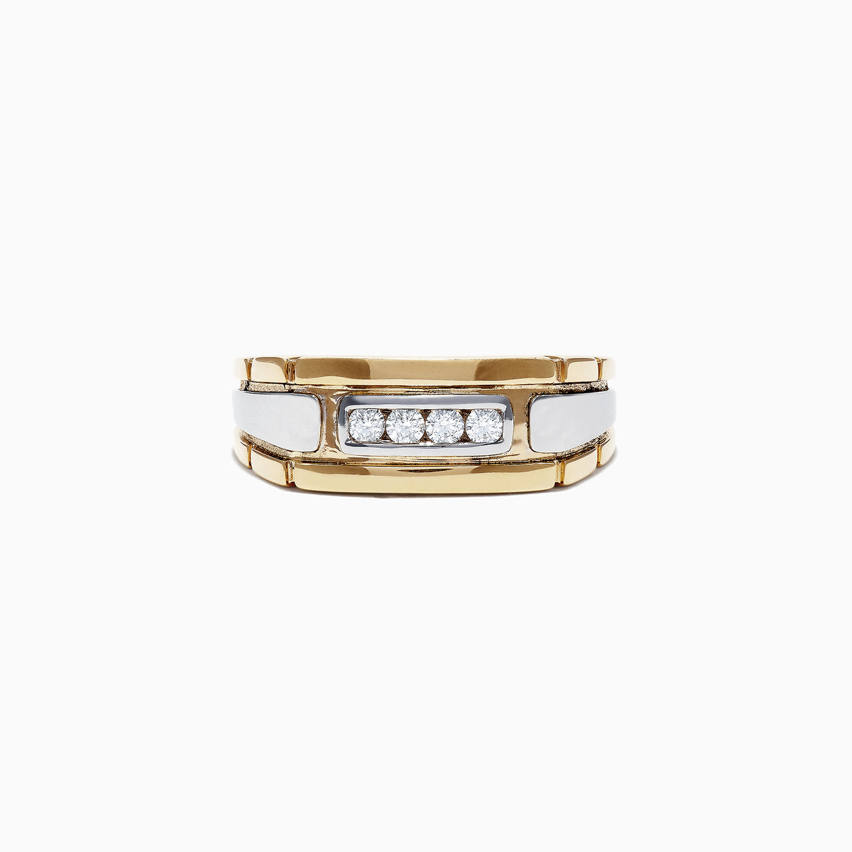 The Mens 14K Yellow and White Gold Diamond Ring, 0.20 TCW, features five round diamonds set in a rectangular inset and elegantly displayed against a white background.
