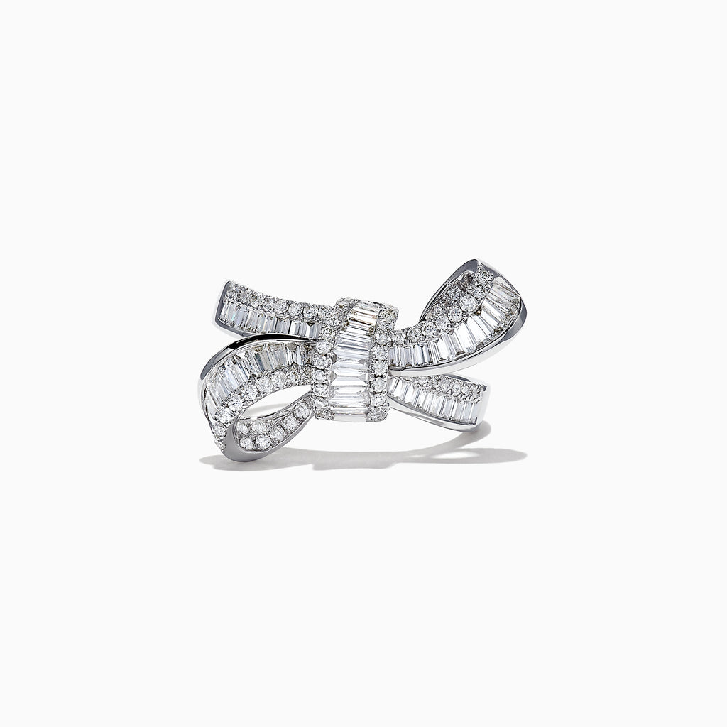 The Classique 14K White Gold Diamond Bow Ring, 1.08 TCW, features a striking bow design encrusted with diamonds and is showcased on a plain white background.