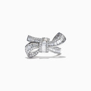 The Classique 14K White Gold Diamond Bow Ring, 1.08 TCW, features a striking bow design encrusted with diamonds and is showcased on a plain white background.