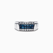 Mens 14K White Gold Blue and White Diamond Ring, 1.0 TCW, features a striking rectangular arrangement of blue stones framed by two rows of white diamonds on a sleek white gold band.