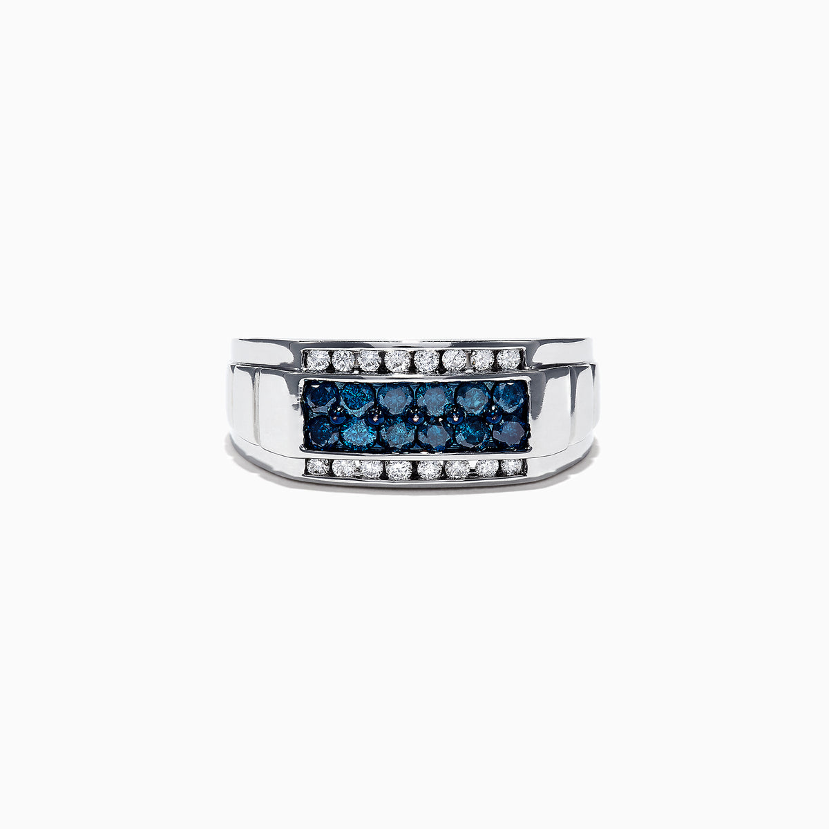 Mens 14K White Gold Blue and White Diamond Ring, 1.0 TCW, features a striking rectangular arrangement of blue stones framed by two rows of white diamonds on a sleek white gold band.