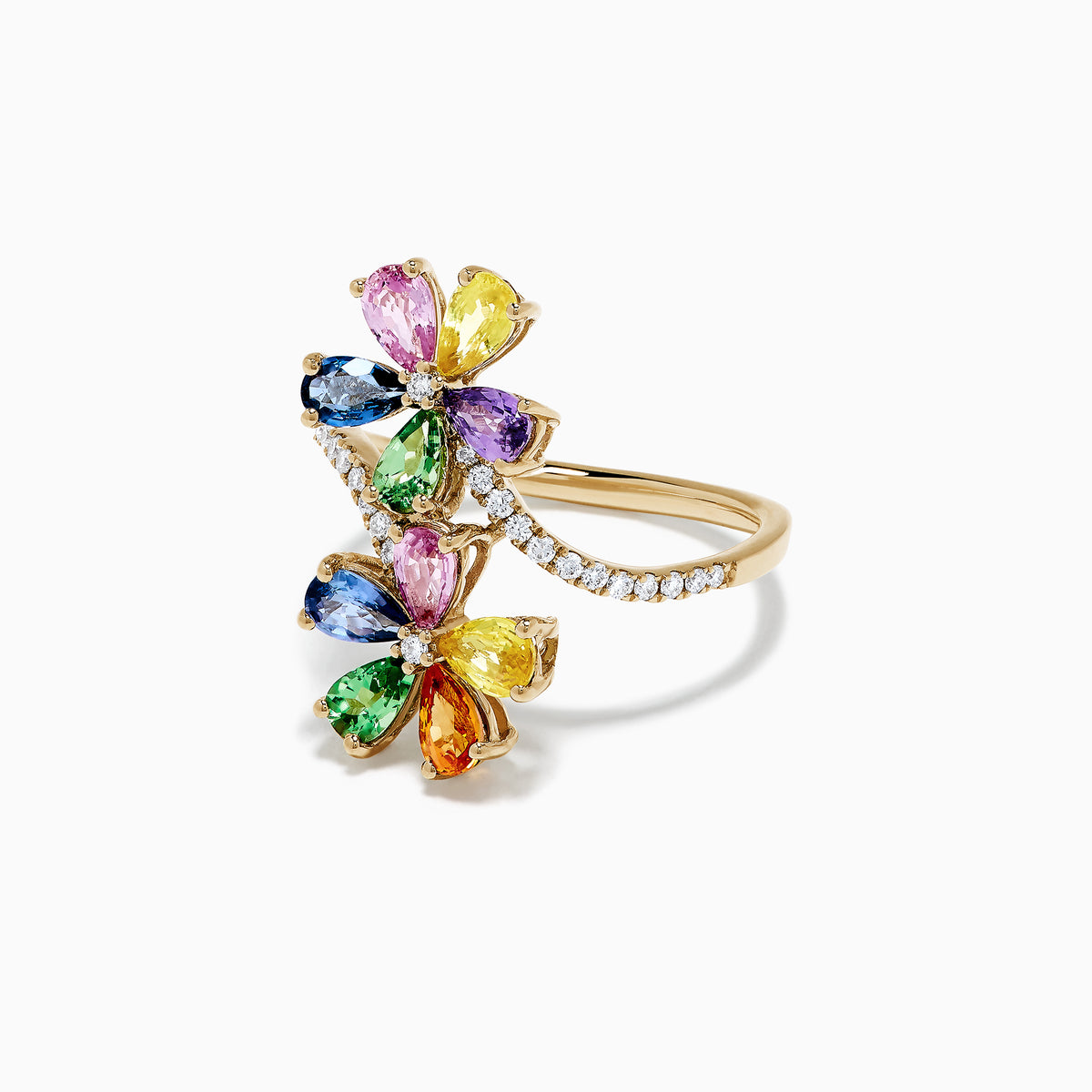 The Watercolors 14K Gold Multi Sapphire and Diamond Floral Ring, 3.03 TCW, features two flower shapes with multicolored sapphire petals and a diamond-adorned band, shown on a white background.