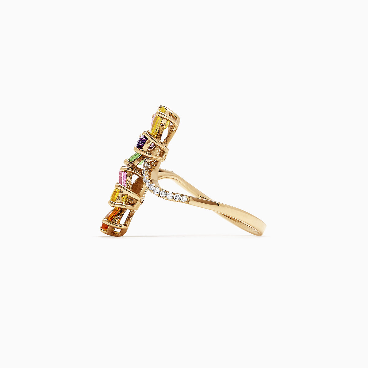 The Watercolors 14K Gold Multi Sapphire and Diamond Floral Ring, 3.03 TCW, features two flower shapes with multicolored sapphire petals and a diamond-adorned band, shown on a white background.
