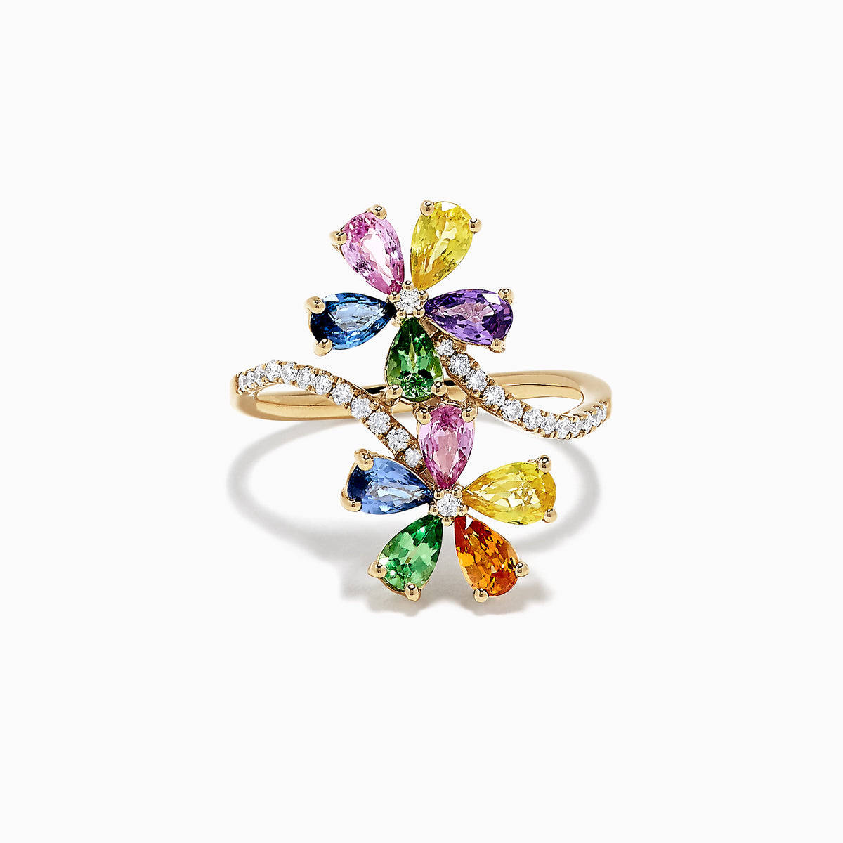 The Watercolors 14K Gold Multi Sapphire and Diamond Floral Ring, 3.03 TCW, features two flower shapes with multicolored sapphire petals and a diamond-adorned band, shown on a white background.