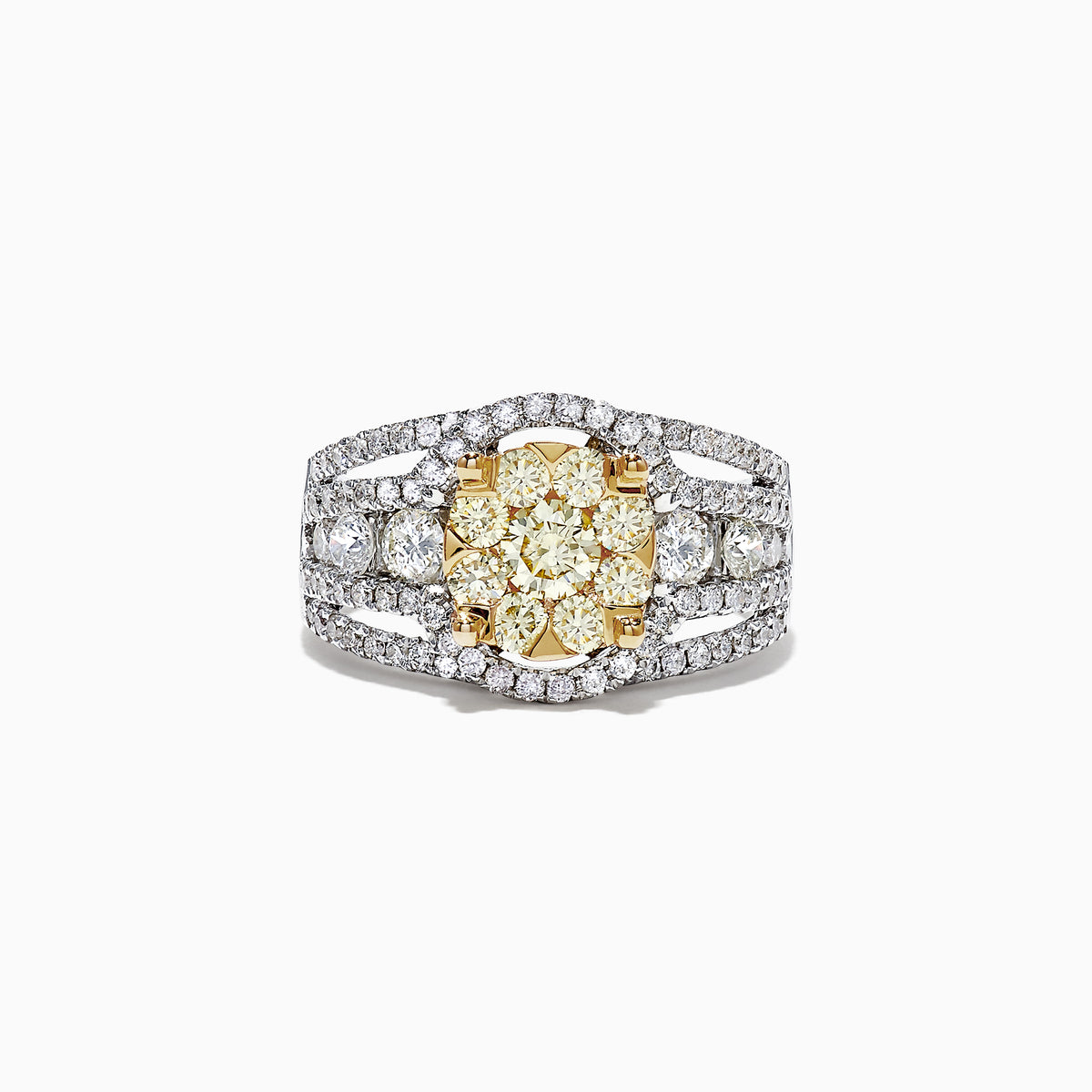 The Canare 14K Two-Tone Gold Yellow and White Diamond Ring, 2.16 TCW, showcases a striking yellow diamond cluster encircled by white diamonds on a split shank band, elegantly set against a white background.