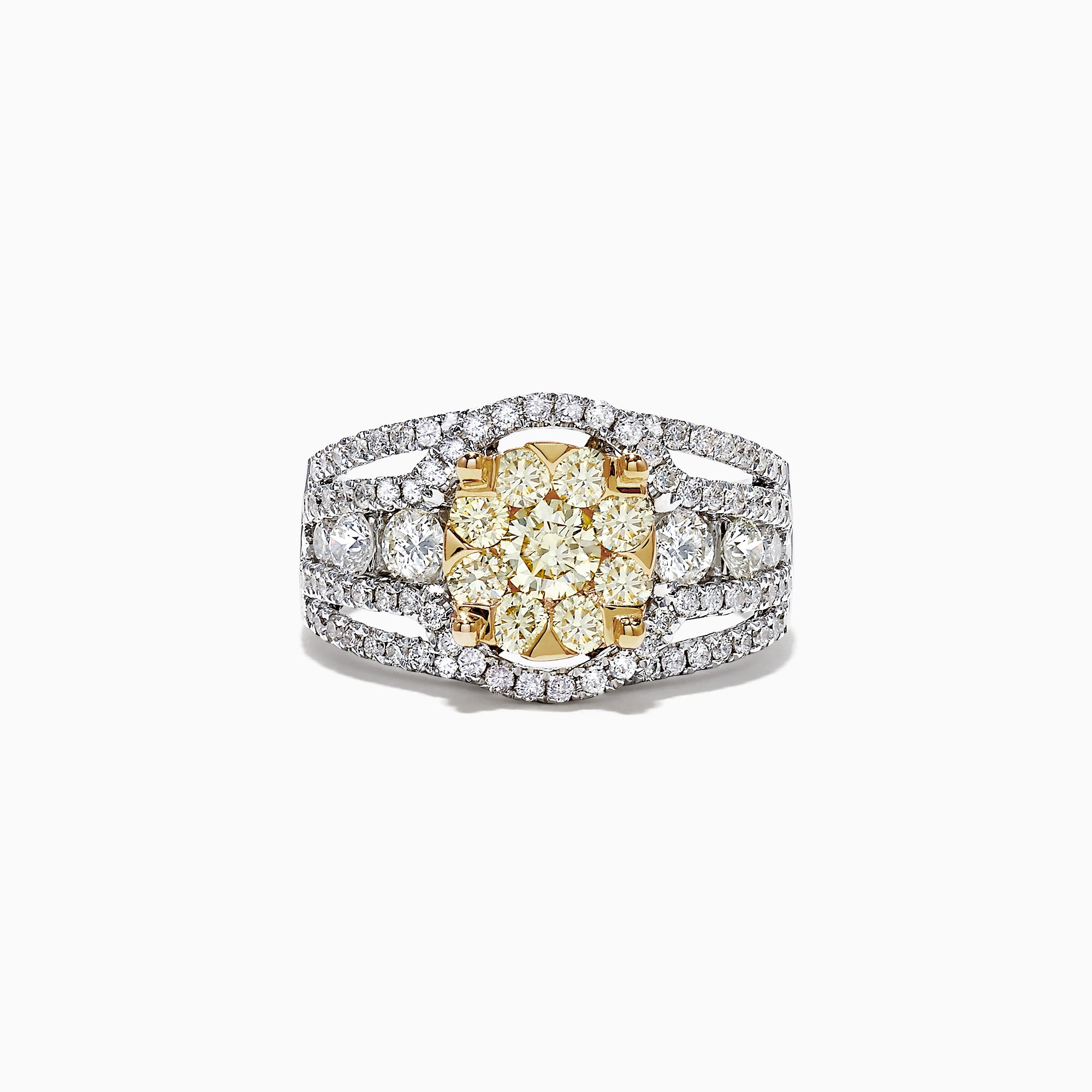 The Canare 14K Two-Tone Gold Yellow and White Diamond Ring, 2.16 TCW, showcases a striking yellow diamond cluster encircled by white diamonds on a split shank band, elegantly set against a white background.
