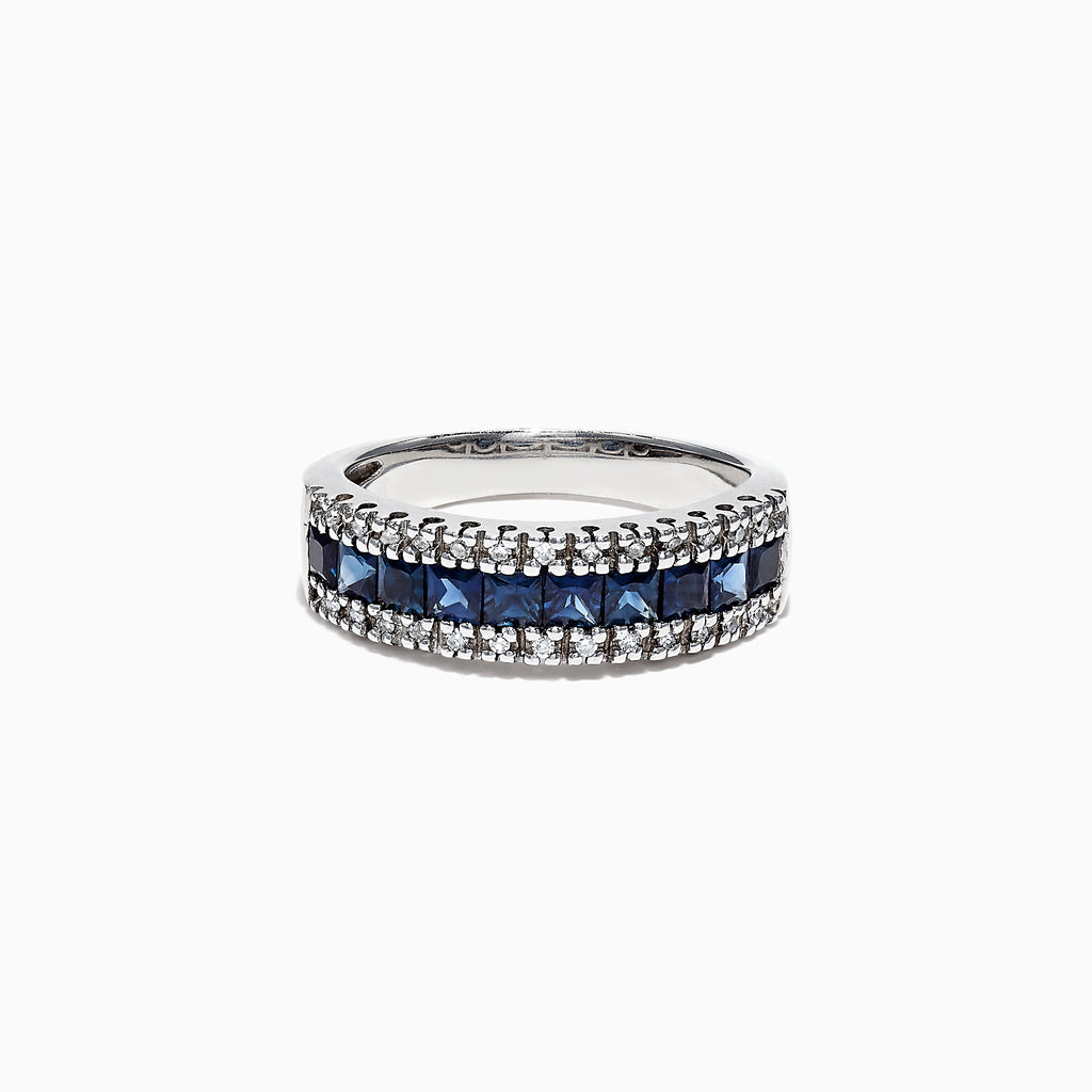 The Royale Bleu 14K White Gold Blue Sapphire and Diamond Ring (1.46 TCW) features a central row of square-cut blue sapphires bordered by two rows of round white diamonds, set against a plain white background.