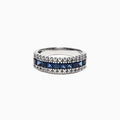 The Royale Bleu 14K White Gold Blue Sapphire and Diamond Ring (1.46 TCW) features a central row of square-cut blue sapphires bordered by two rows of round white diamonds, set against a plain white background.