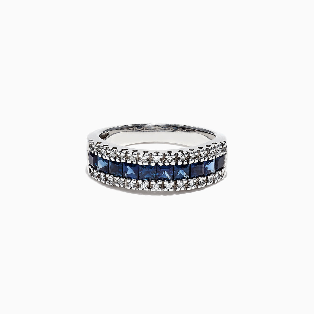 The Royale Bleu 14K White Gold Blue Sapphire and Diamond Ring (1.46 TCW) features a central row of square-cut blue sapphires bordered by two rows of round white diamonds, set against a plain white background.