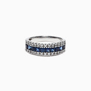 The Royale Bleu 14K White Gold Blue Sapphire and Diamond Ring (1.46 TCW) features a central row of square-cut blue sapphires bordered by two rows of round white diamonds, set against a plain white background.