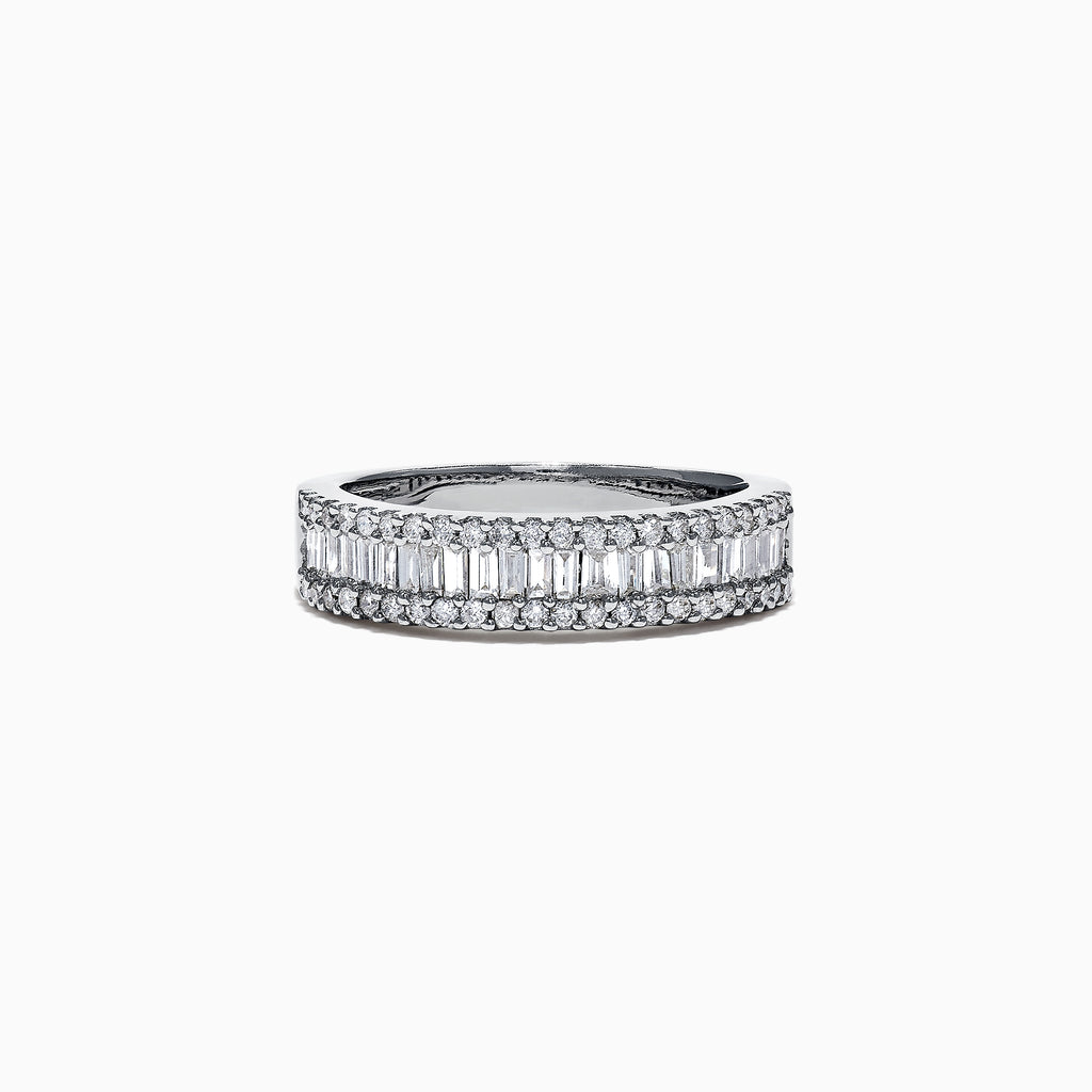 The Classique 14K White Gold Diamond Ring by Effy showcases a central row of baguette-cut diamonds bordered by two rows of small round diamonds, all set against a plain white background.