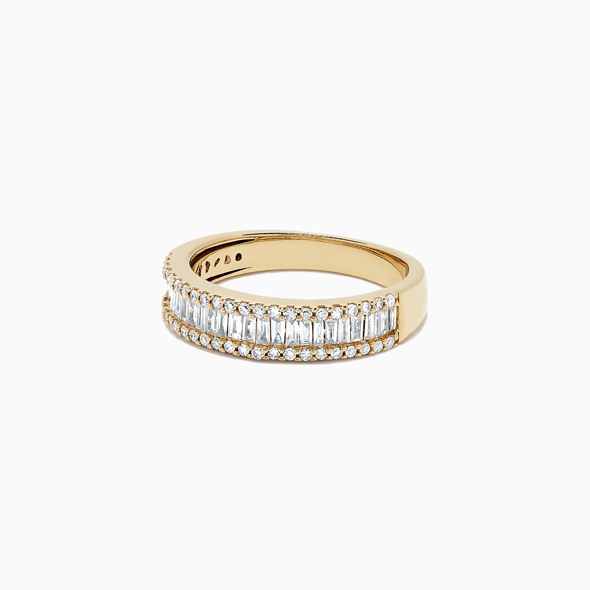 The DOro 14K Yellow Gold Diamond Ring showcases two rows of round diamonds framing a center row of vertically set baguette-cut diamonds, shown on a white background.