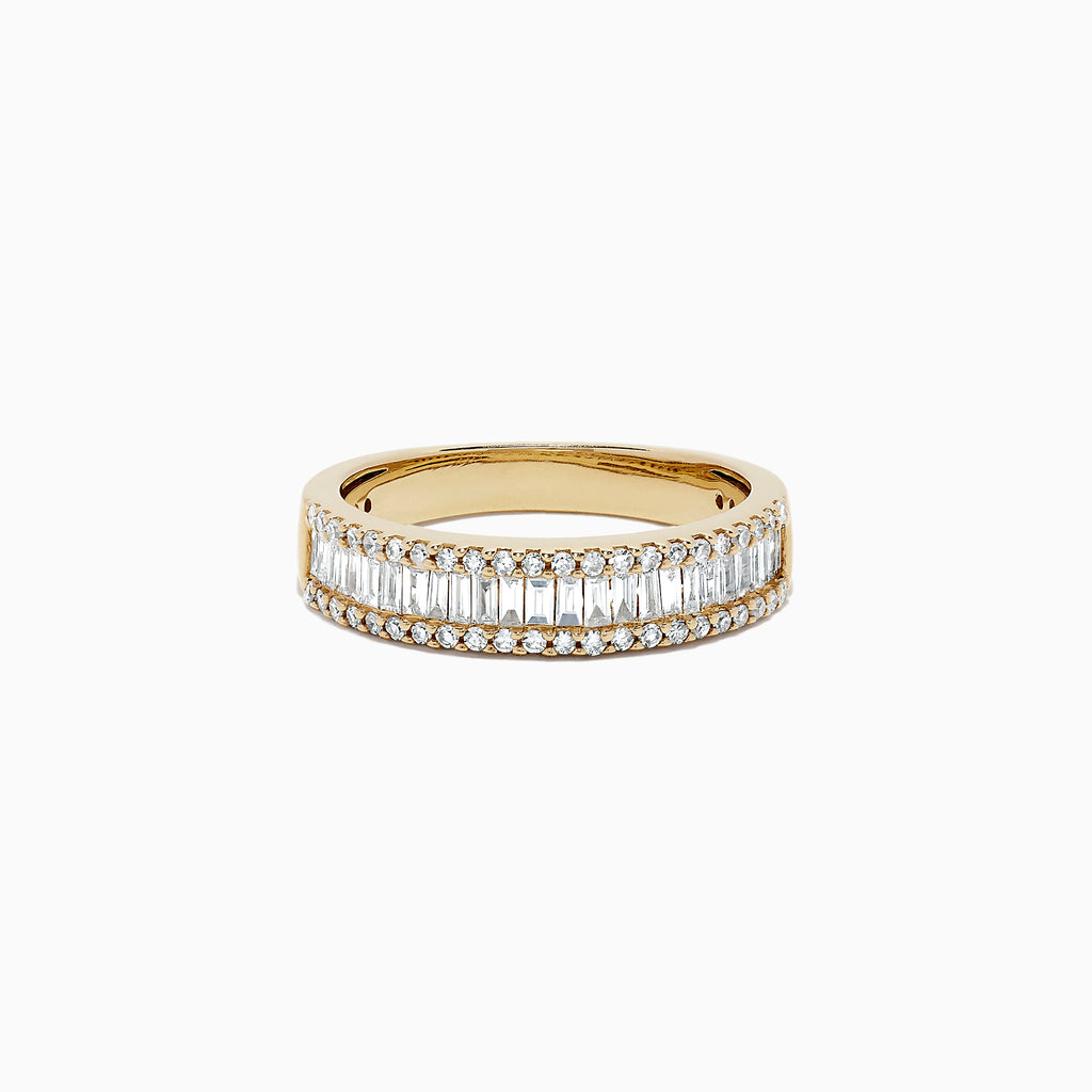 The DOro 14K Yellow Gold Diamond Ring showcases two rows of round diamonds framing a center row of vertically set baguette-cut diamonds, shown on a white background.