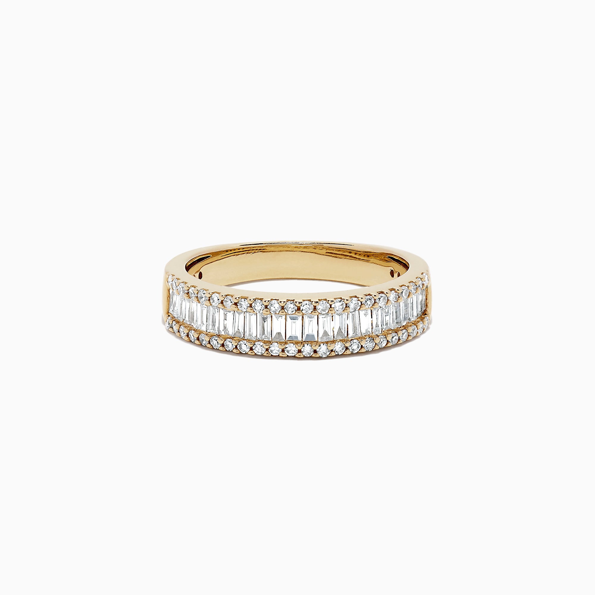 The DOro 14K Yellow Gold Diamond Ring showcases two rows of round diamonds framing a center row of vertically set baguette-cut diamonds, shown on a white background.