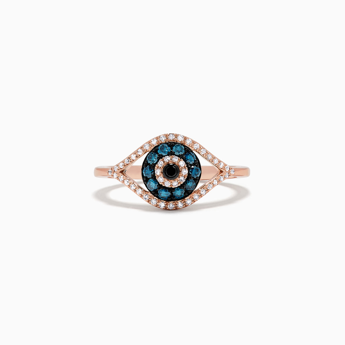 The Novelty 14K Gold Blue, White and Black Diamond Evil Eye Ring (0.37 TCW) features an eye-shaped design with blue, white, and black diamonds arranged in concentric circles and outlined by sparkling white stones.