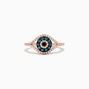 The Novelty 14K Gold Blue, White and Black Diamond Evil Eye Ring (0.37 TCW) features an eye-shaped design with blue, white, and black diamonds arranged in concentric circles and outlined by sparkling white stones.