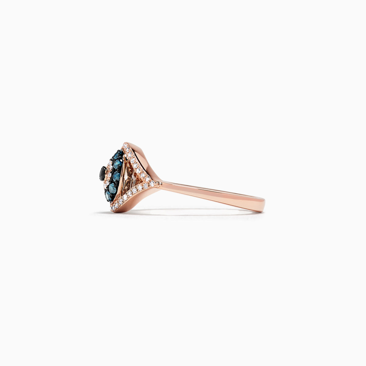 The Novelty 14K Gold Blue, White and Black Diamond Evil Eye Ring (0.37 TCW) features an eye-shaped design with blue, white, and black diamonds arranged in concentric circles and outlined by sparkling white stones.