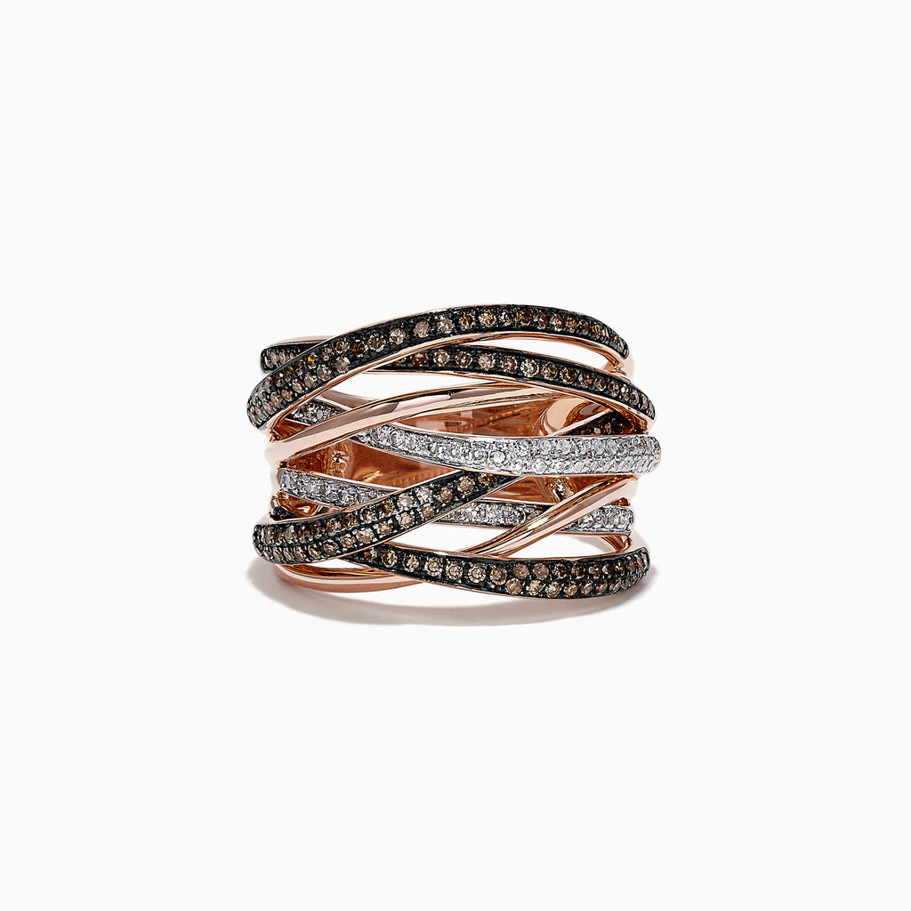 The 14K Rose Gold Espresso and White Diamond Ring features intertwining rows of black and white diamonds, totaling 0.74 TCW, creating an elegant wavy design against a white background.