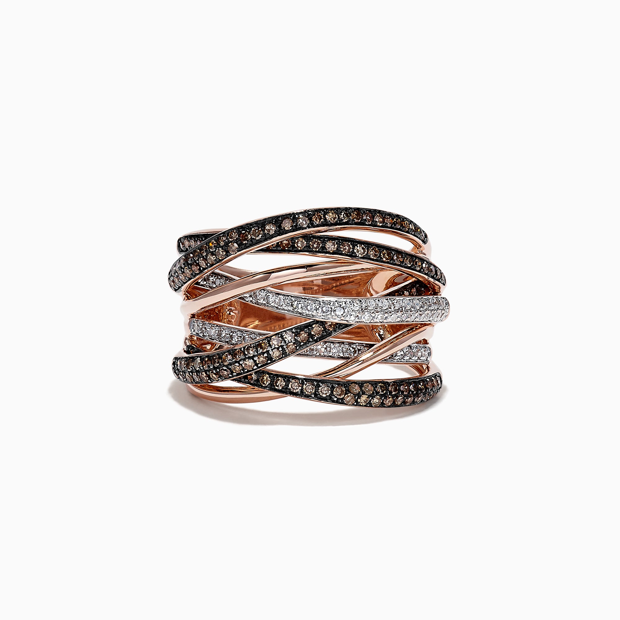 The 14K Rose Gold Espresso and White Diamond Ring features intertwining rows of black and white diamonds, totaling 0.74 TCW, creating an elegant wavy design against a white background.