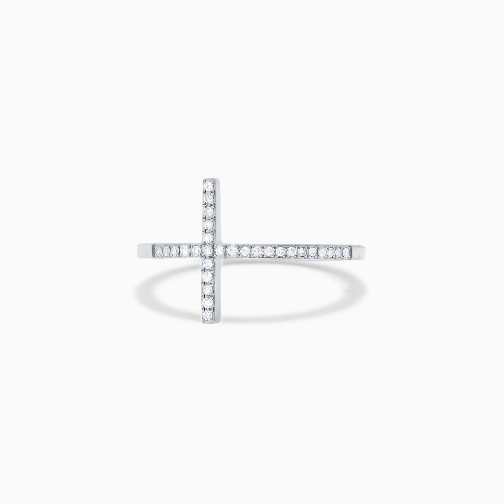 The Novelty 14K White Gold Diamond Cross Ring, 0.10 TCW, features a sparkling cross design with small diamonds set in polished white gold, shown against a plain white background.