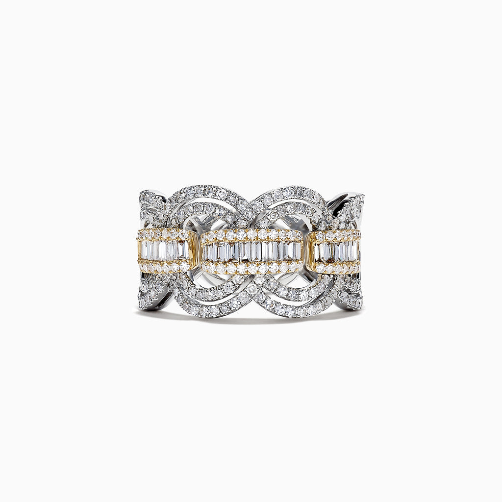 Duo 14K White and Yellow Gold Diamond Ring, 1.09 TCW, showcases interlocking loops with pavé-set and baguette diamonds in a central row, bordered by gold accents for an intricate Effy Duo design.