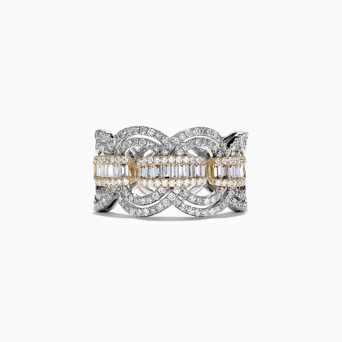 Duo 14K White and Yellow Gold Diamond Ring, 1.09 TCW, showcases interlocking loops with pavé-set and baguette diamonds in a central row, bordered by gold accents for an intricate Effy Duo design.