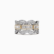 Duo 14K White and Yellow Gold Diamond Ring, 1.09 TCW, showcases interlocking loops with pavé-set and baguette diamonds in a central row, bordered by gold accents for an intricate Effy Duo design.