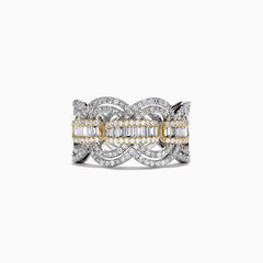 Duo 14K White and Yellow Gold Diamond Ring, 1.09 TCW, showcases interlocking loops with pavé-set and baguette diamonds in a central row, bordered by gold accents for an intricate Effy Duo design.