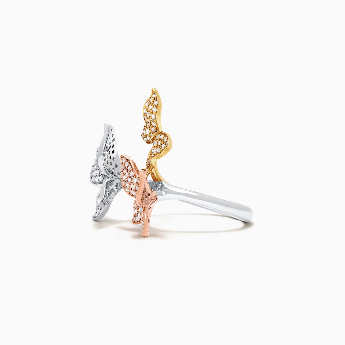 The Trio 14K Tri Color Gold Diamond Butterfly Ring, 0.66 TCW, showcases three butterflies in yellow, white, and rose gold tones with sparkling diamonds, elegantly set against a white backdrop.