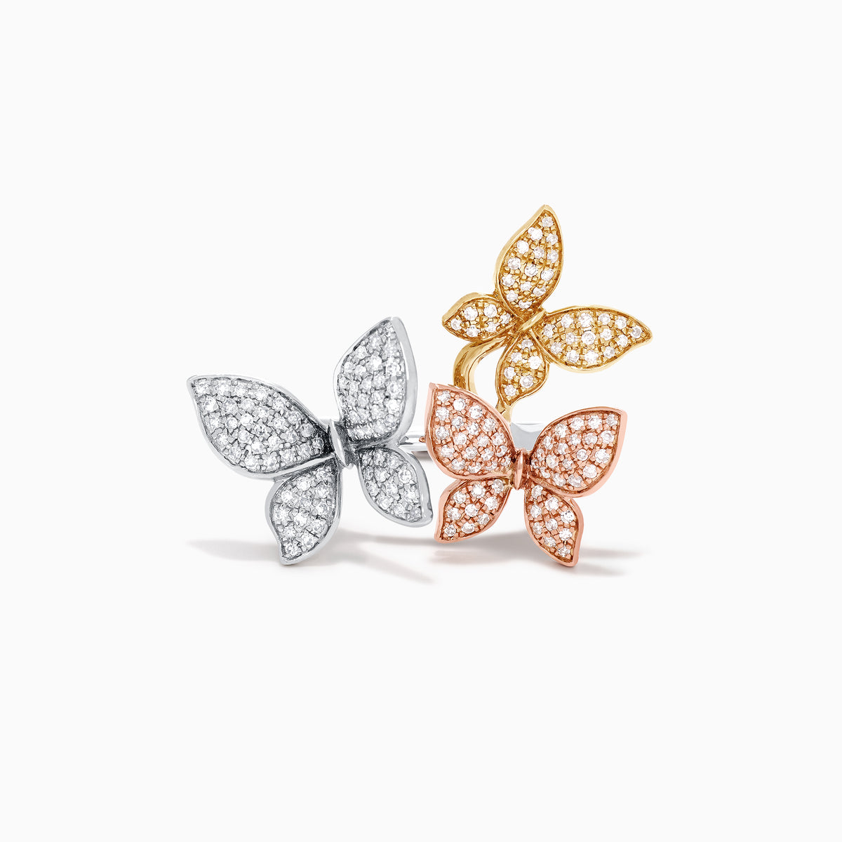 The Trio 14K Tri Color Gold Diamond Butterfly Ring, 0.66 TCW, showcases three butterflies in yellow, white, and rose gold tones with sparkling diamonds, elegantly set against a white backdrop.