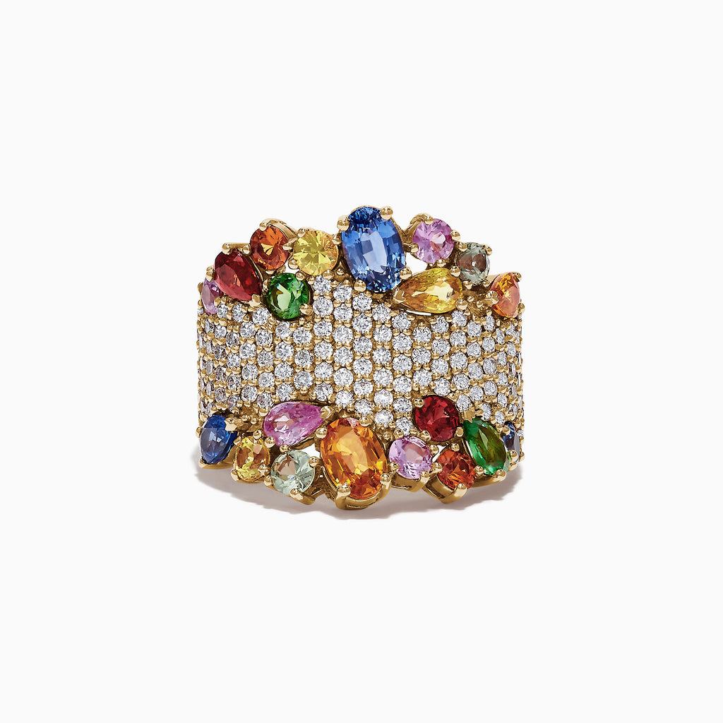 The Watercolors 14K Yellow Gold Multi Sapphire and Diamond Ring, 5.59 TCW, features a wide band set with sparkling diamonds and vibrant sapphires in blue, pink, green, yellow, orange, and red in an elegant clustered design.