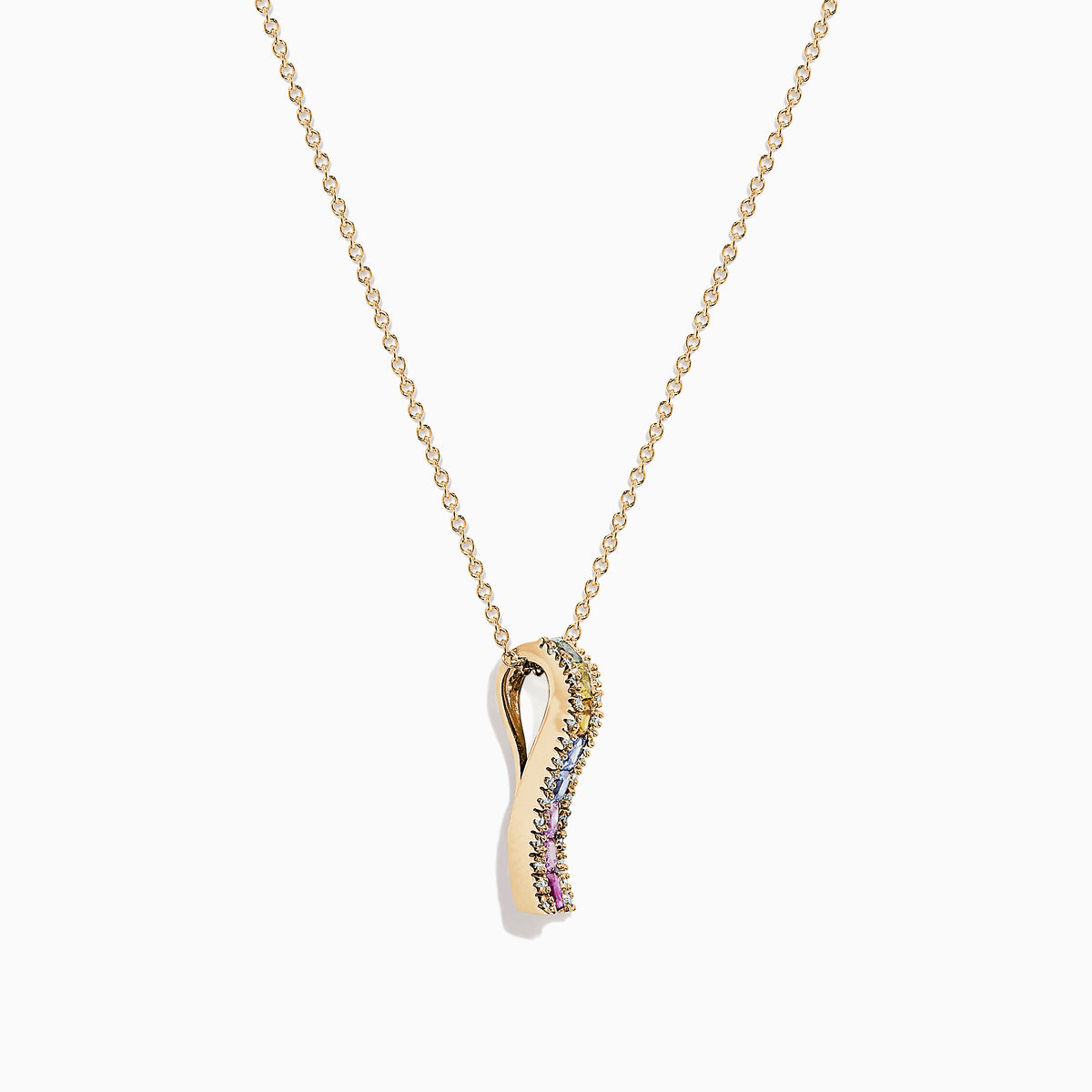 The Watercolors 14K Yellow Gold Multi Sapphire & Diamond Pendant (1.17 TCW) features a vertical design with small sapphires in green, yellow, blue, and pink hues on a yellow gold chain.