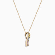 The Watercolors 14K Yellow Gold Multi Sapphire & Diamond Pendant (1.17 TCW) features a vertical design with small sapphires in green, yellow, blue, and pink hues on a yellow gold chain.