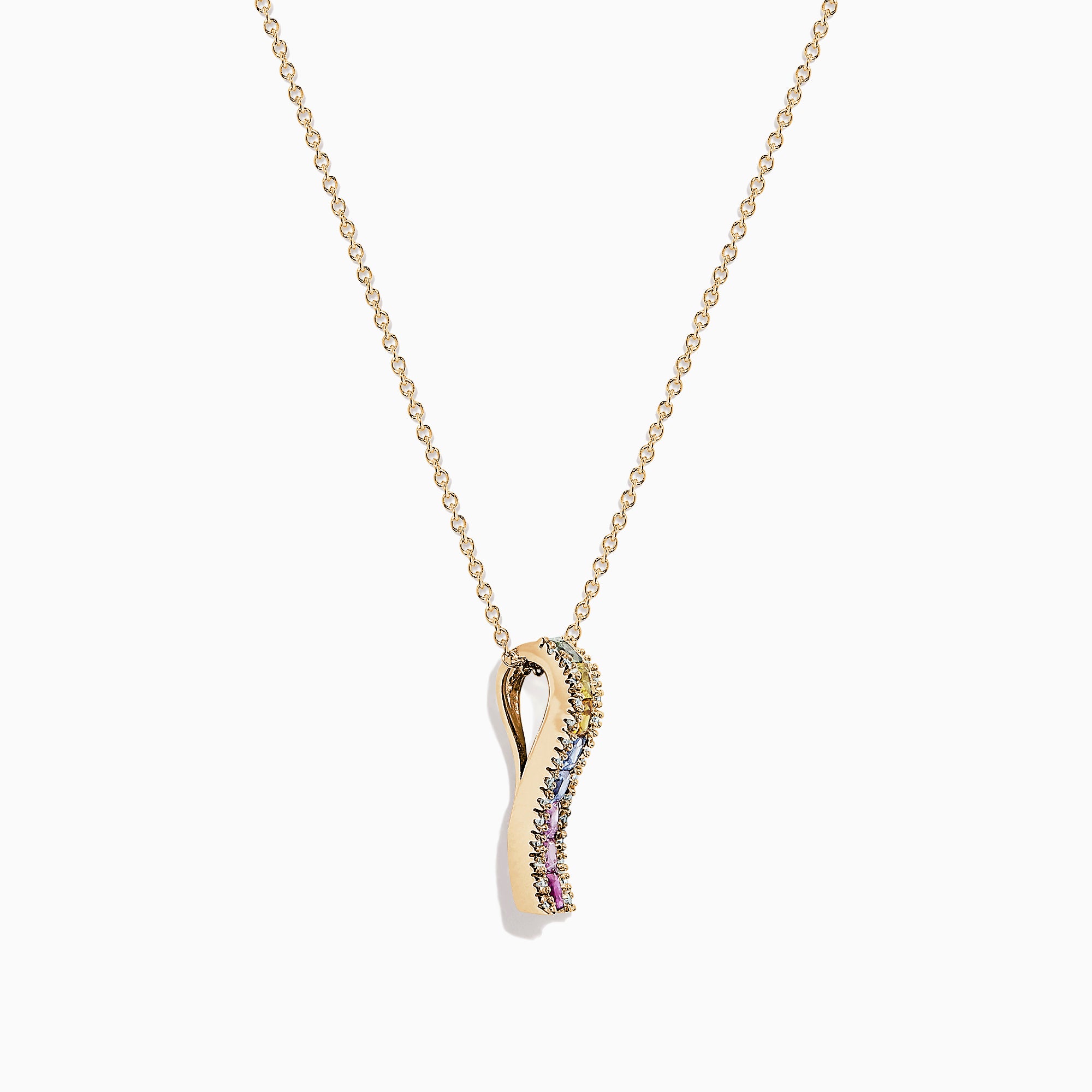 The Watercolors 14K Yellow Gold Multi Sapphire & Diamond Pendant (1.17 TCW) features a vertical design with small sapphires in green, yellow, blue, and pink hues on a yellow gold chain.