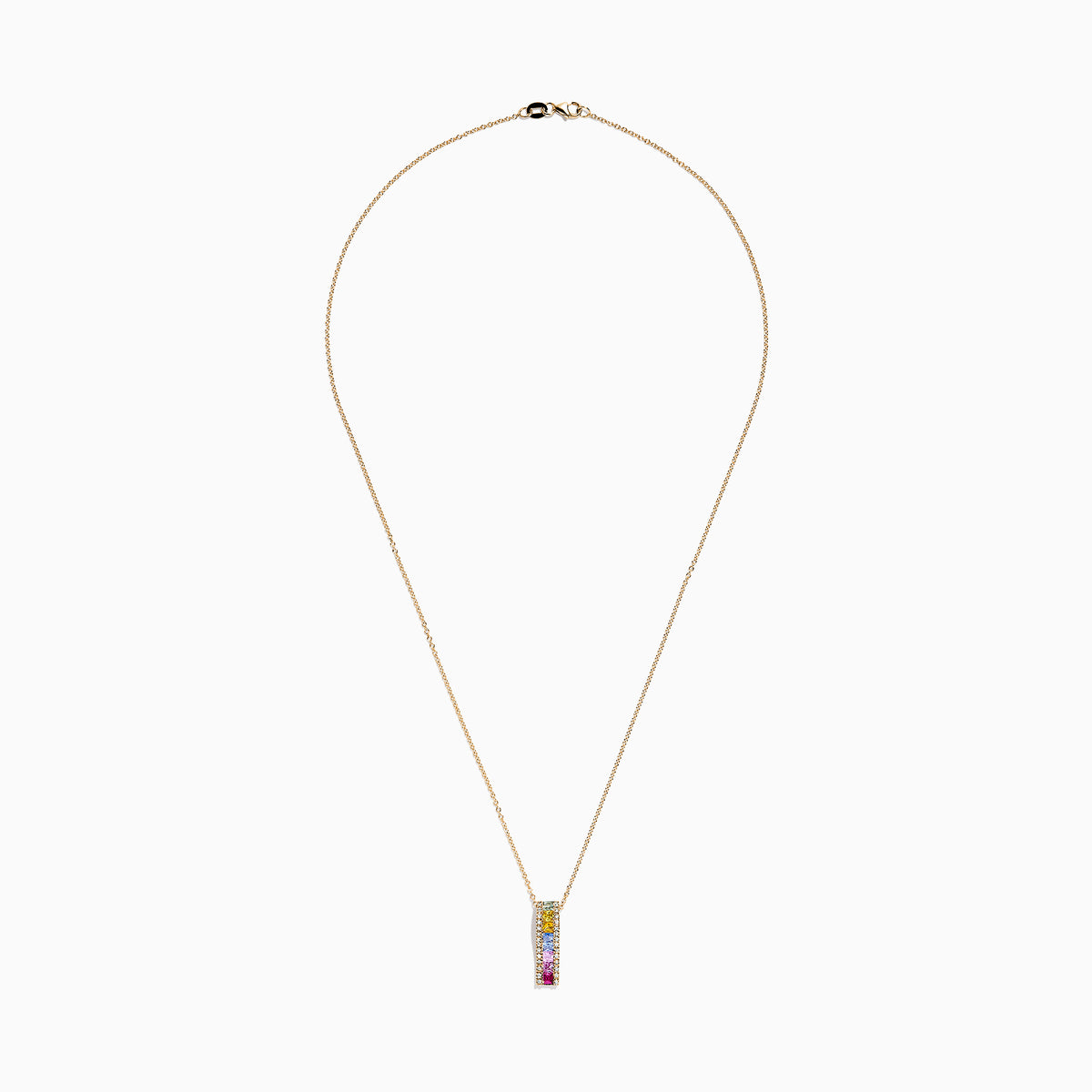 The Watercolors 14K Yellow Gold Multi Sapphire & Diamond Pendant (1.17 TCW) features a vertical design with small sapphires in green, yellow, blue, and pink hues on a yellow gold chain.