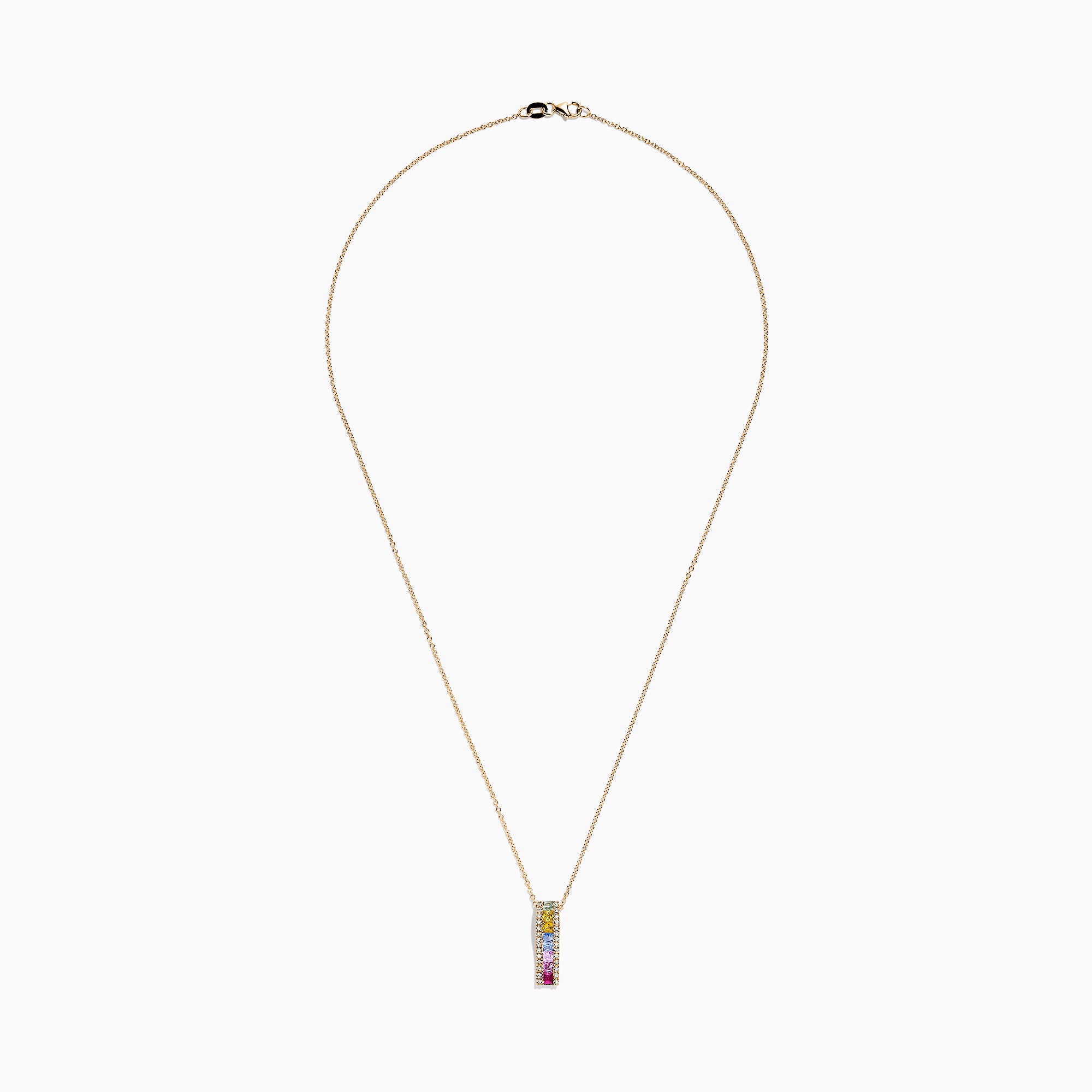 The Watercolors 14K Yellow Gold Multi Sapphire & Diamond Pendant (1.17 TCW) features a vertical design with small sapphires in green, yellow, blue, and pink hues on a yellow gold chain.
